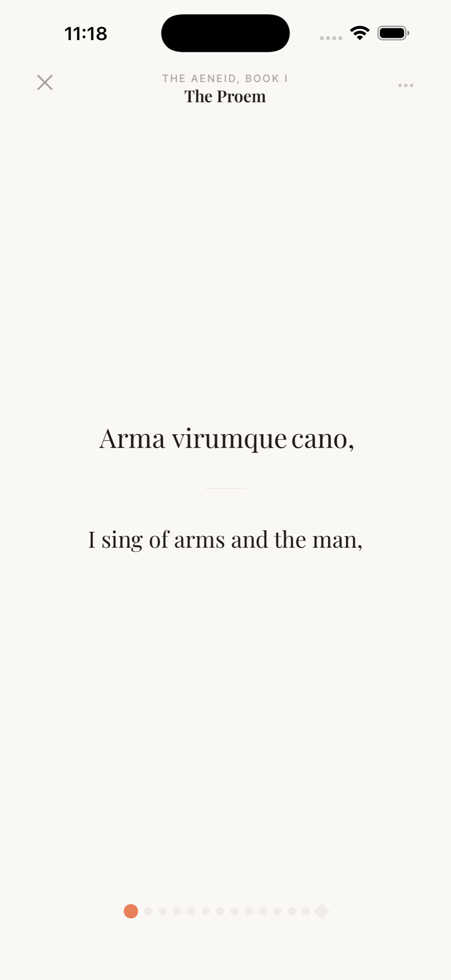 CodexTutor showing the opening of Virgil’s Aeneid, ‘Arma virumque cano’, with its translation, ‘I sing of arms and the man’